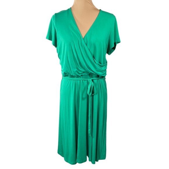 Lands' End Faux Wrap Dress Size L Large Green Short Sleeve V- Neck Knit - Picture 1 of 5